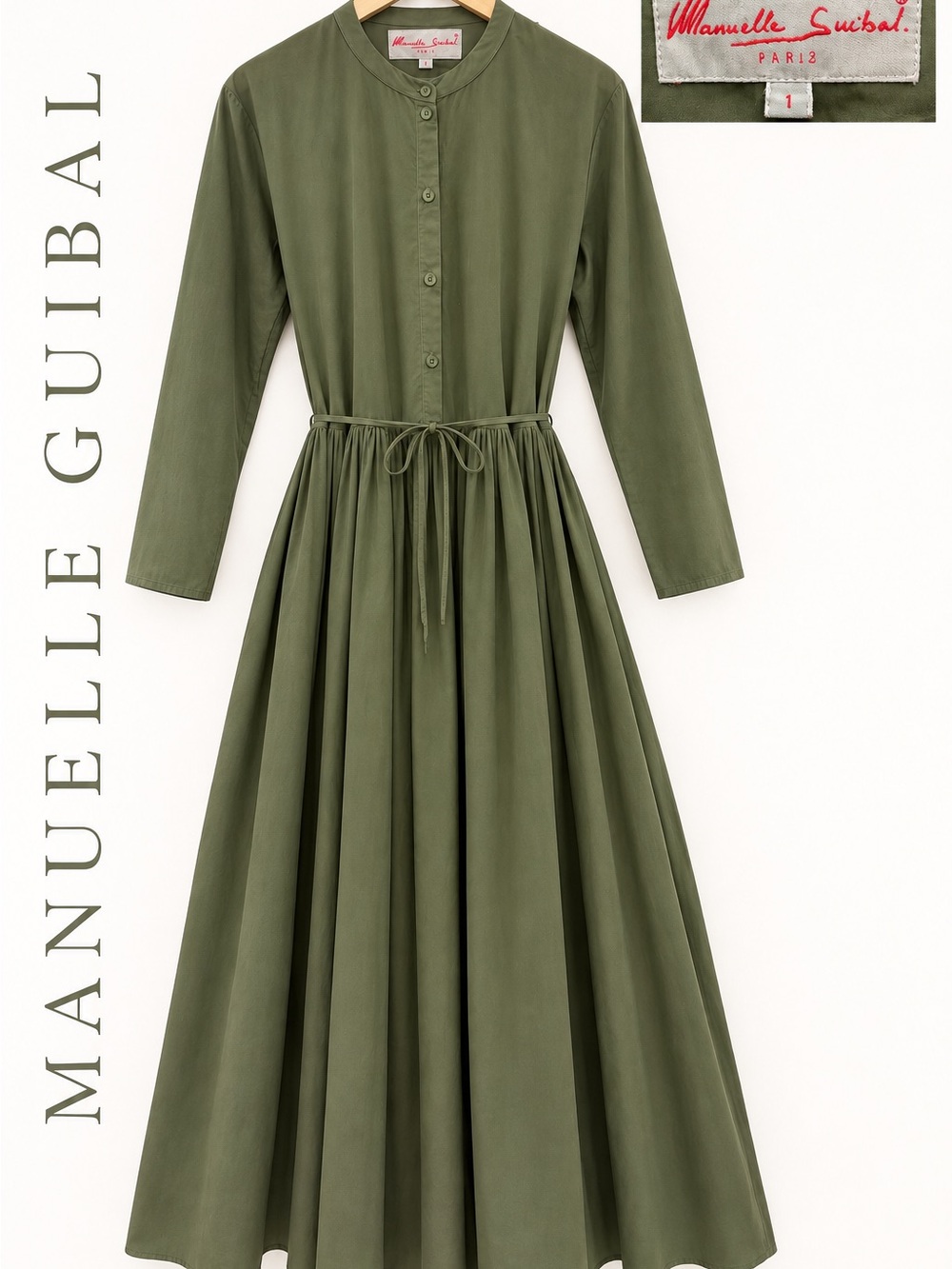 Olive Green Long-Sleeve Maxi Dress with Drawstring Waist